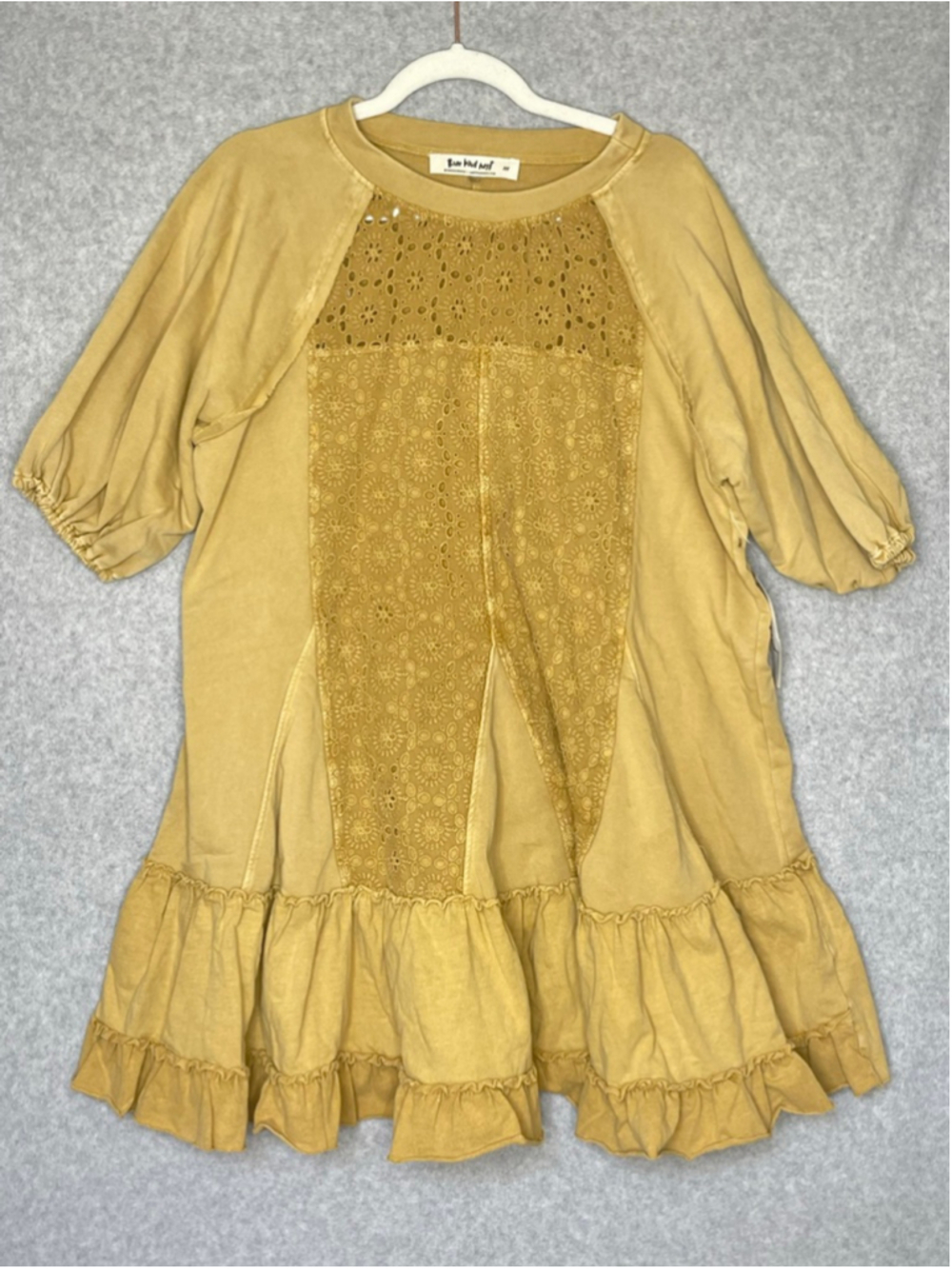 Three Bird Nest Mustard Eyelet Ruffle Tunic Top M NWT